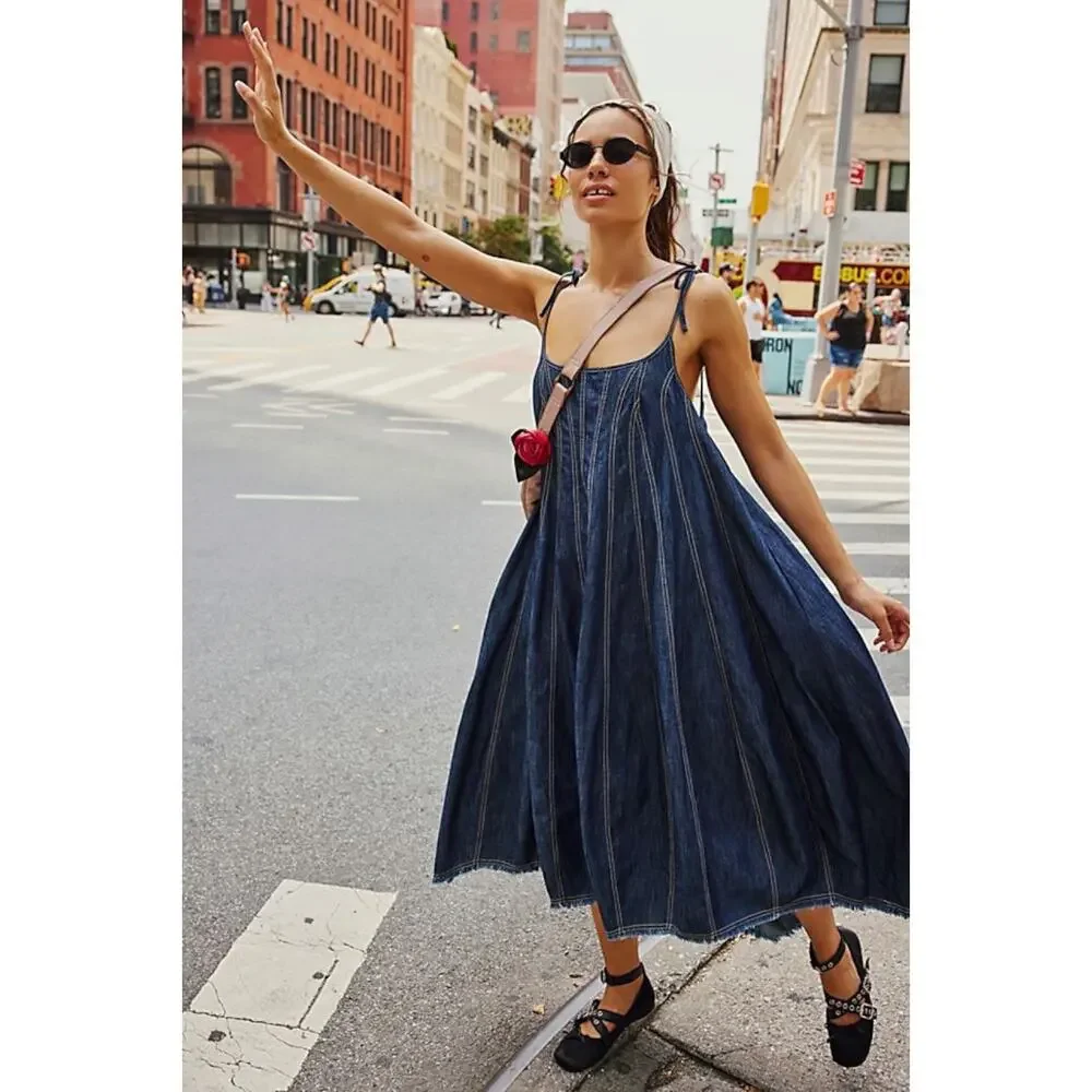 Free People Denim Dreams Midi Dress in 70s Blue Size XS Jean Jumper Retro NWT